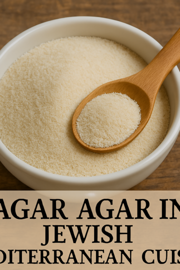 A bowl of agar agar powder with a wooden spoon on a wooden surface. Text reads: "Agar Agar in Jewish Mediterranean Cuisine: A Fusion of Tradition and Flavor.