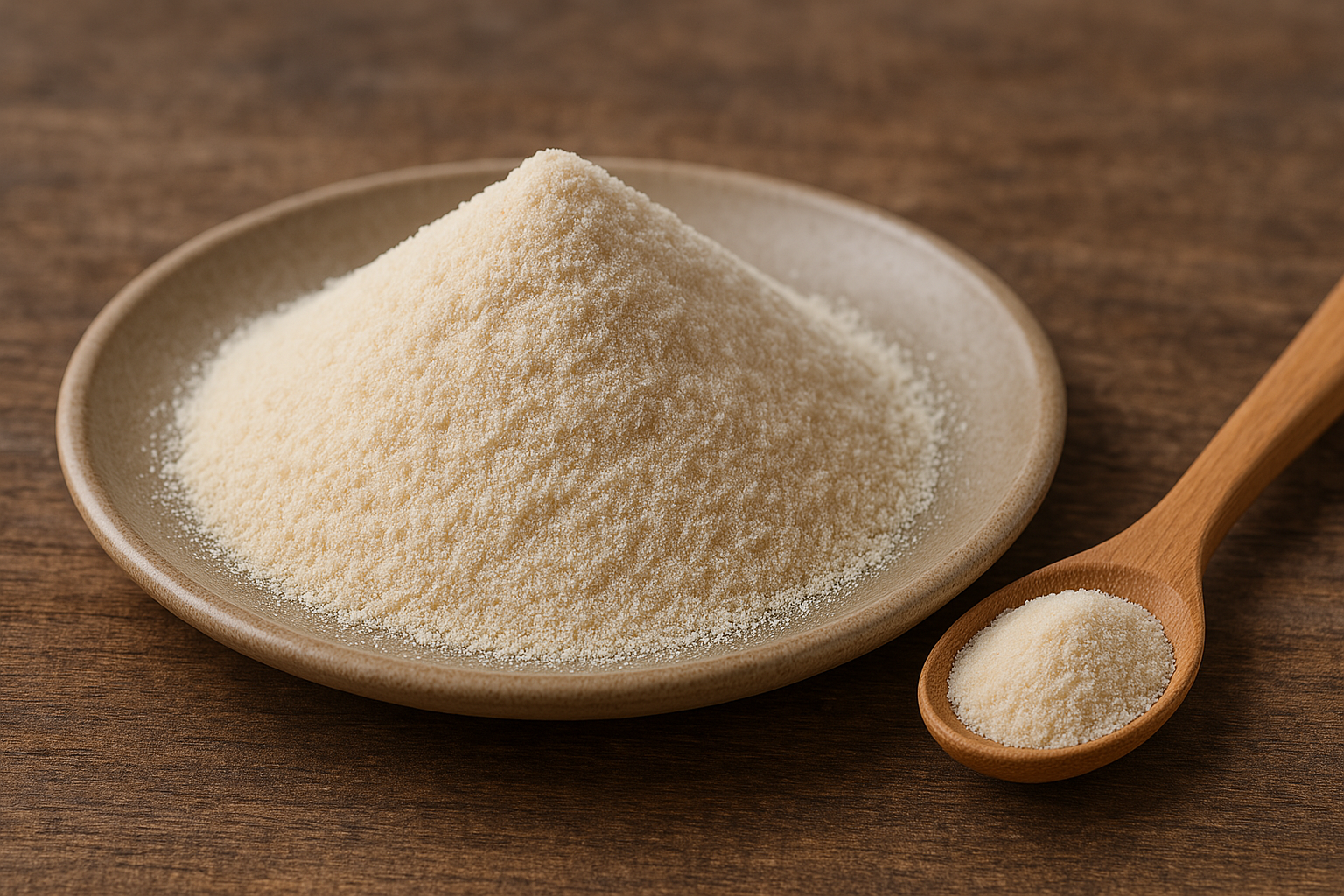 A beige powder piled on a ceramic plate with a wooden spoon holding a small amount, set on a wooden surface, evokes the subtle allure of agar agar, an essential ingredient in Jewish Mediterranean cuisine.