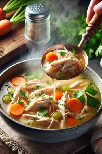 A steaming bowl of chicken soup with vegetables. A hand holds a ladle lifting soup. Carrots, celery, and herbs are visible alongside a sprig of parsley. Garlic and peppercorns are nearby.