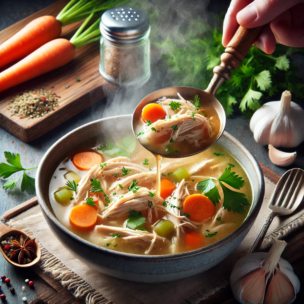A steaming bowl of chicken soup with vegetables. A hand holds a ladle lifting soup. Carrots, celery, and herbs are visible alongside a sprig of parsley. Garlic and peppercorns are nearby.