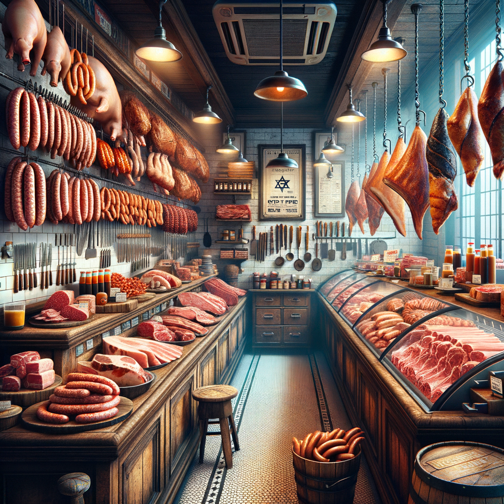 A vintage butcher shop with various meats displayed, including sausages, hams, and steaks, under warm lighting. A wooden interior and tiled floor enhance the rustic atmosphere.