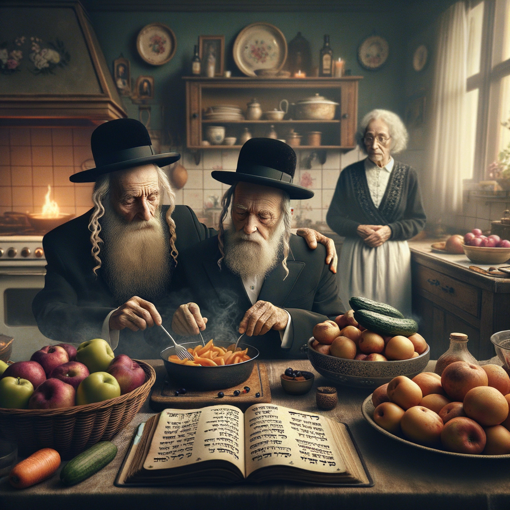 Two elderly men in traditional attire cook in a vintage kitchen, surrounded by fruits and vegetables, while a woman observes. An open book is on the table.