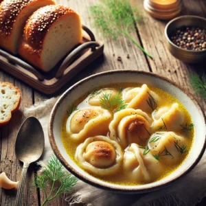 A bowl of soup with dumplings, garnished with dill, is on a wooden table. Nearby are slices of bread, a spoon, and a dish of peppercorns.