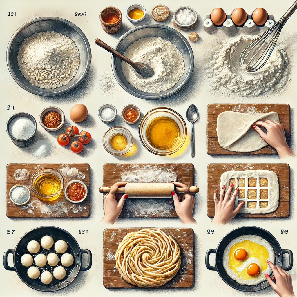 Top-down view of baking ingredients and steps: flour, eggs, tomatoes, oil, dough rolling, and lattice pastries. Includes a pan with eggs cooking, wooden boards, bowls, and utensils.