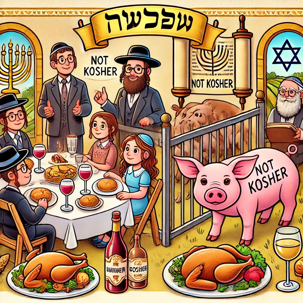 A Jewish family enjoys a kosher meal, while pork and shrimp sit labeled "Not Kosher." Menorahs and a Star of David set the scene.