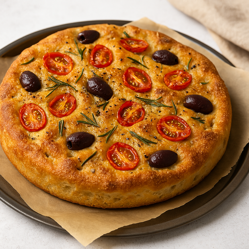A round focaccia topped with halved cherry tomatoes, black olives, and rosemary on parchment paper offers an innovative application of classic flavors.