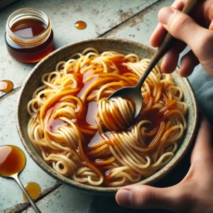 A bowl of spaghetti with soy sauce, held by a person using chopsticks, with a small jar of soy sauce nearby on a textured surface.