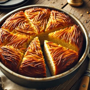A round baked pasta pie with a crispy golden top, sliced into eight portions, rests in a metal pan on a wooden table. A knife is visible beside the pan.