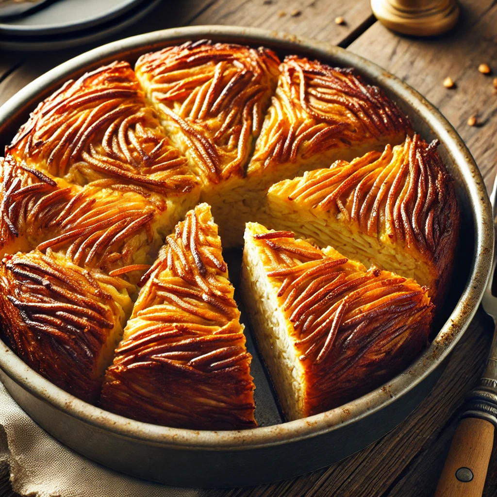 A round baked pasta pie with a crispy golden top, sliced into eight portions, rests in a metal pan on a wooden table. A knife is visible beside the pan.