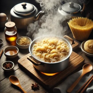 A pot of noodles boiling on a stove surrounded by spices, a tea kettle, and utensils on a wooden table.