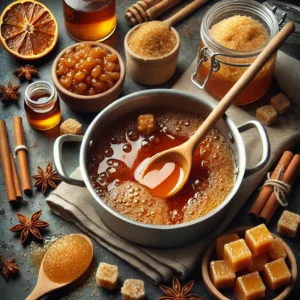 A pot of caramel sauce with a wooden spoon surrounded by caramel cubes, jar of brown sugar, sliced orange, cinnamon sticks, star anise, and small jars of honey on a textured surface.