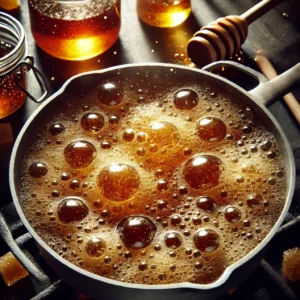 A pan of bubbling caramel sauce on a stove surrounded by jars of caramel and a honey dipper.