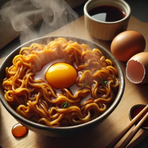 A steaming bowl of ramen topped with a raw egg yolk and garnished with herbs. Chopsticks rest nearby, with a cracked egg and a cup of soy sauce in the background.