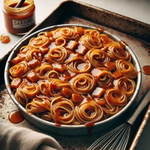 A pie tin filled with coiled spaghetti topped with caramel squares and drizzled with caramel sauce. A whisk and a jar labeled "SARAMEL" are nearby on a weathered baking sheet.