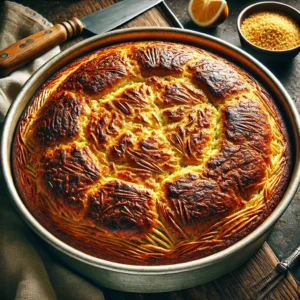 Golden-brown round cake with a textured top in a metal baking pan. A knife, lemon half, and a bowl of brown sugar are nearby on a wooden surface.