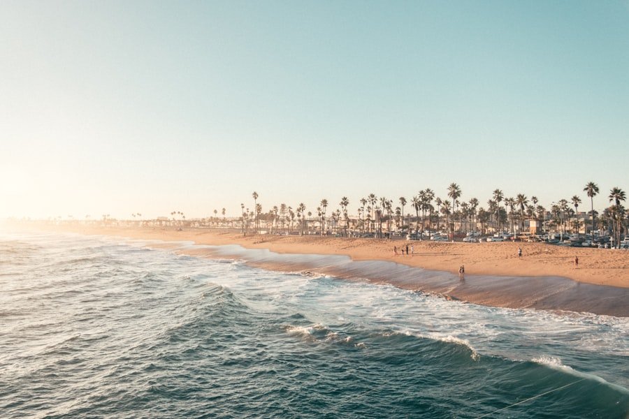 A sandy beach lined with palm trees and people, with gentle ocean waves under a clear sky.